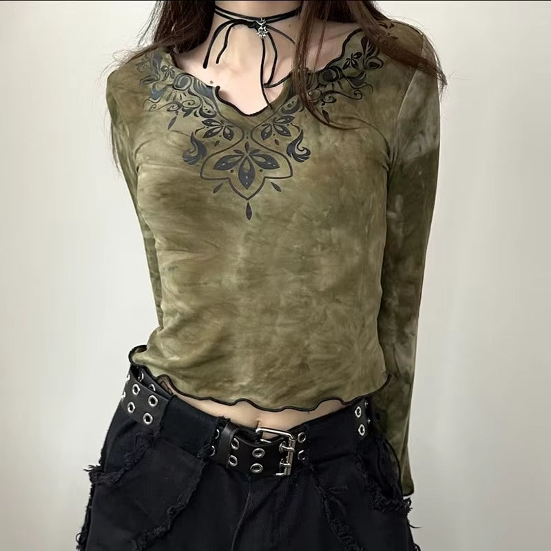GothDark Vintage Tie Dye Print V-Neck Crop Tops Acubi Fashion Flare Sleeve T-Shirts Autumn Gothic Pullovers Tees Women Techwear