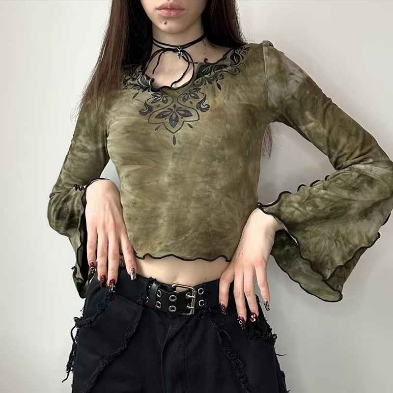 GothDark Vintage Tie Dye Print V-Neck Crop Tops Acubi Fashion Flare Sleeve T-Shirts Autumn Gothic Pullovers Tees Women Techwear