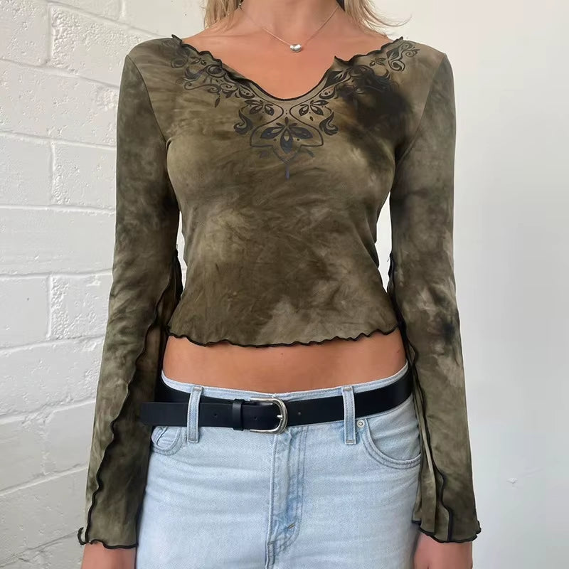 GothDark Vintage Tie Dye Print V-Neck Crop Tops Acubi Fashion Flare Sleeve T-Shirts Autumn Gothic Pullovers Tees Women Techwear