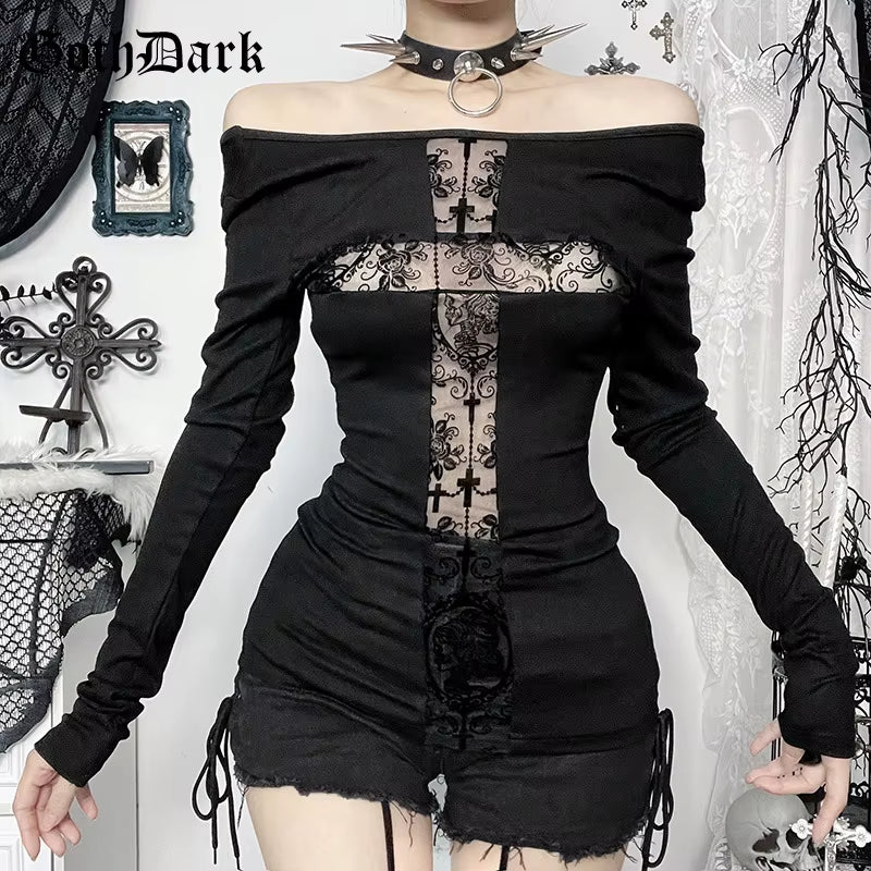 GothDark Sexy Lace Patchwork Cross Long Sleeve Pullover T-Shirts Cyber Y2K Women Streetwear Mall Gothic Slim Tops Alt T-Shirt