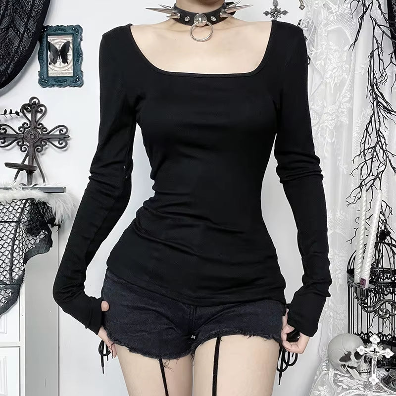 GothDark Sexy Lace Patchwork Cross Long Sleeve Pullover T-Shirts Cyber Y2K Women Streetwear Mall Gothic Slim Tops Alt T-Shirt