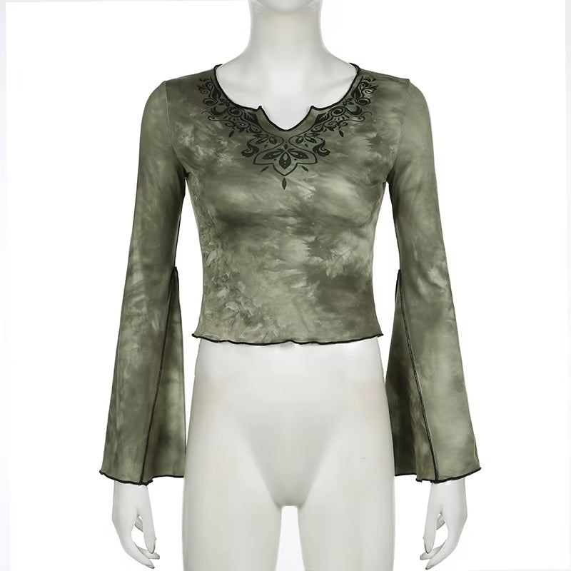 GothDark Vintage Tie Dye Print V-Neck Crop Tops Acubi Fashion Flare Sleeve T-Shirts Autumn Gothic Pullovers Tees Women Techwear