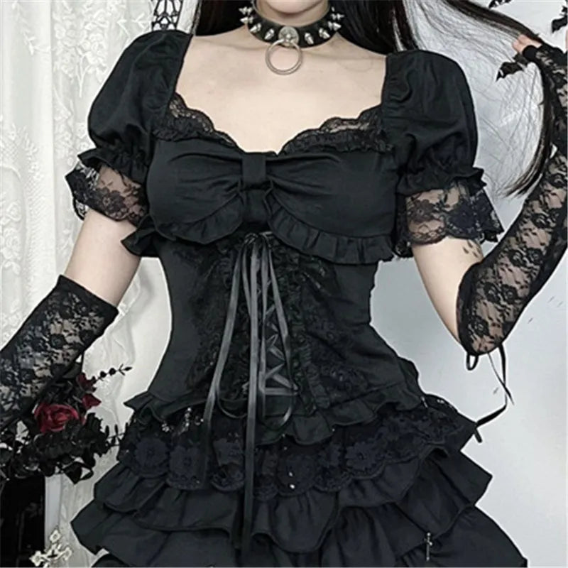 GothDark Solid E-Girl Lace Patchwork Short Sleeve T-Shirt Kawaii Bow Bandage Tops Mall Gothic Techwear Women Slim Alt T-Shirts