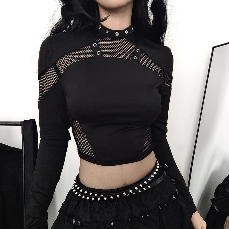 GothDark Techwear Cyber Gothic Fishnet Patches T-Shirts Punk Grunge Hollow Out Skinny Crop Tops Black Eyelet Fashion Alt Clothe