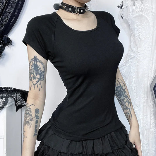 GothDark Gothic Fashion Backless Sheer Printed T-Shirt Women O-Neck Tees Streetwear Grunge Sexy Mesh T-Shirts Slim Alt Tops Y2K