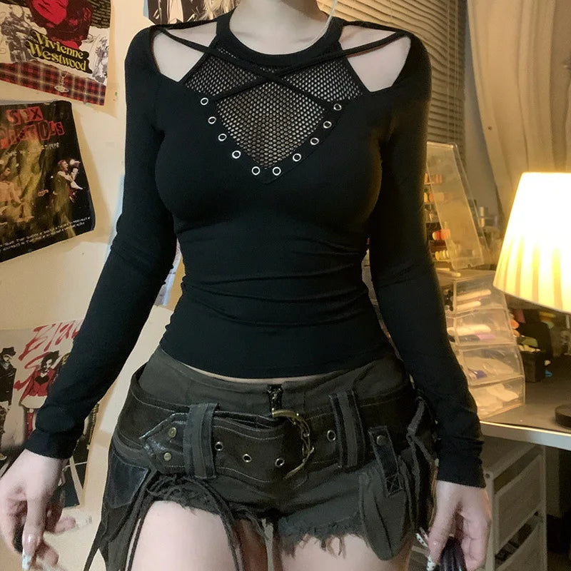 GothDark Solid Techwear Chic Irregular Grid Hollow Out T-Shirt Mall Goth See through Slim Tops Women Y2K Streetwear T-Shirts