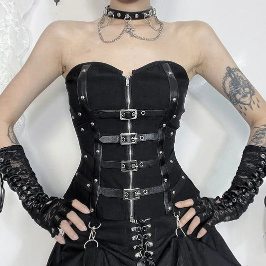 Punk Grunge Leather Buckle Strapless Corset Tops Mall Gothic Zip Women Tupe Top Y2K Coquette Streetwear Alt Tanks Vest