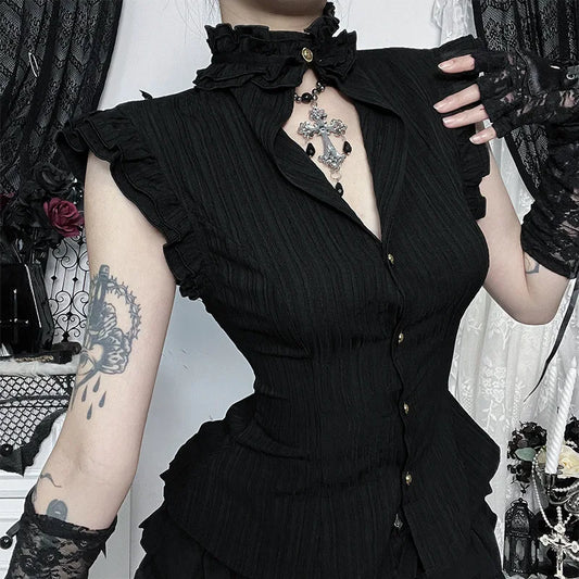 GothDark 90S Grunge Single Breasted Slim Waist Shirt Blouses Women Alt Techwear Mall Gothic Stringy Selvedge Sleeveless Shirts