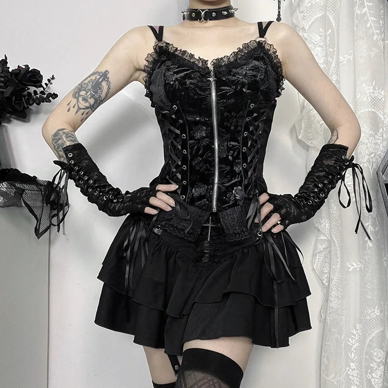 GothDark Mall Goth Spaghetti Strap Tank Top Women Cyber Y2K Fashion Lace Patchwork Jacquard Camis Sexy Bandage Crop Tops Zip