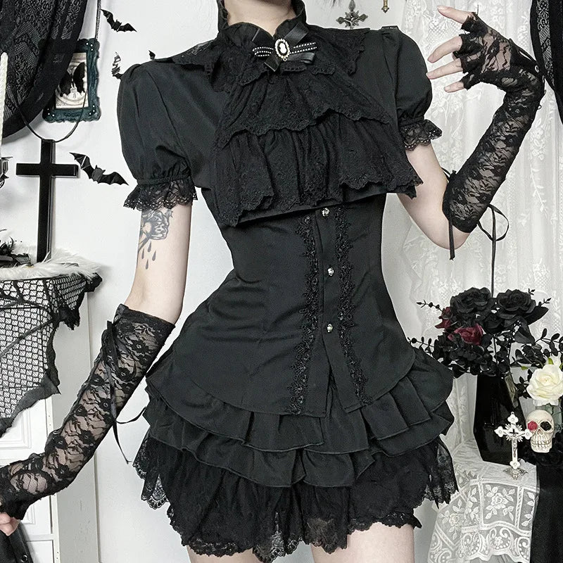 GothDark Harajuku Fashion Short Sleeve Lace Patchwork Shirts Women Alt Techwear Mall Gothic Button Slim Blouse Shirt Cute Tops