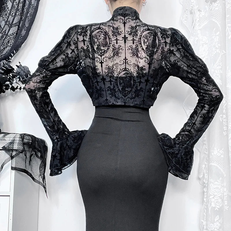 GothDark Women Elegant Flocking Crop Cardigan Coats Y2K Grunge Techwear Mall Gothic Lace See through Shrug Tops Alt Partywear
