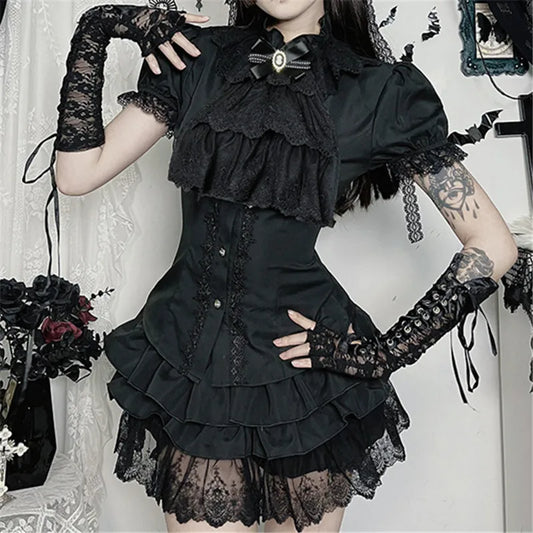 GothDark Harajuku Fashion Short Sleeve Lace Patchwork Shirts Women Alt Techwear Mall Gothic Button Slim Blouse Shirt Cute Tops