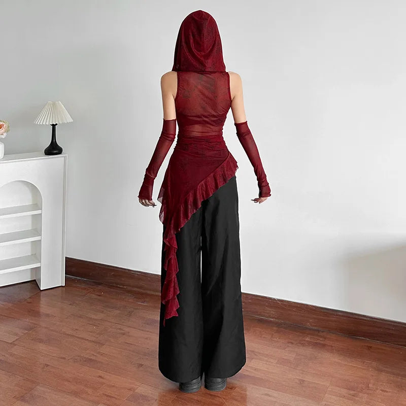 GothDark Streetwear 90S Grunge Mesh See through Hooded Tops Cyber Y2K Irregular Hem Ruffles Hoodie Women Slim Blouse with Cuffs