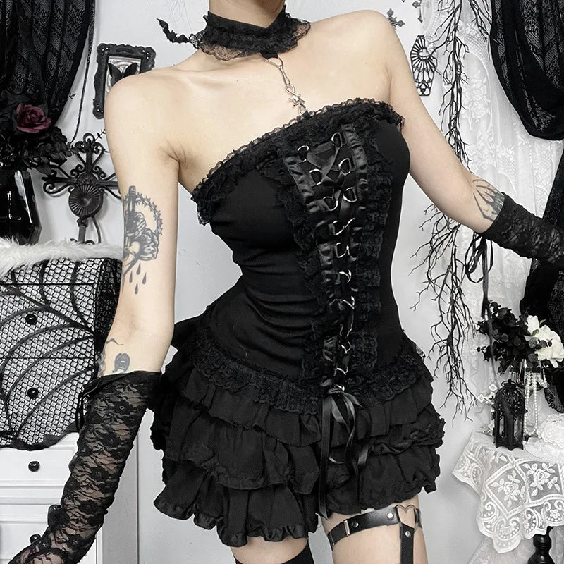 Goth Dark Sweet Lace Patchwork Strapless Corset Tops Slim Bandage Backless Tank Top Women Streetwear Mall Gothic Crop Vests 2025