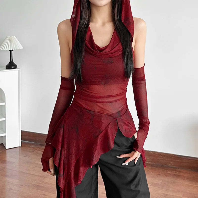 GothDark Streetwear 90S Grunge Mesh See through Hooded Tops Cyber Y2K Irregular Hem Ruffles Hoodie Women Slim Blouse with Cuffs