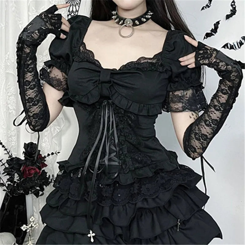 GothDark Solid E-Girl Lace Patchwork Short Sleeve T-Shirt Kawaii Bow Bandage Tops Mall Gothic Techwear Women Slim Alt T-Shirts