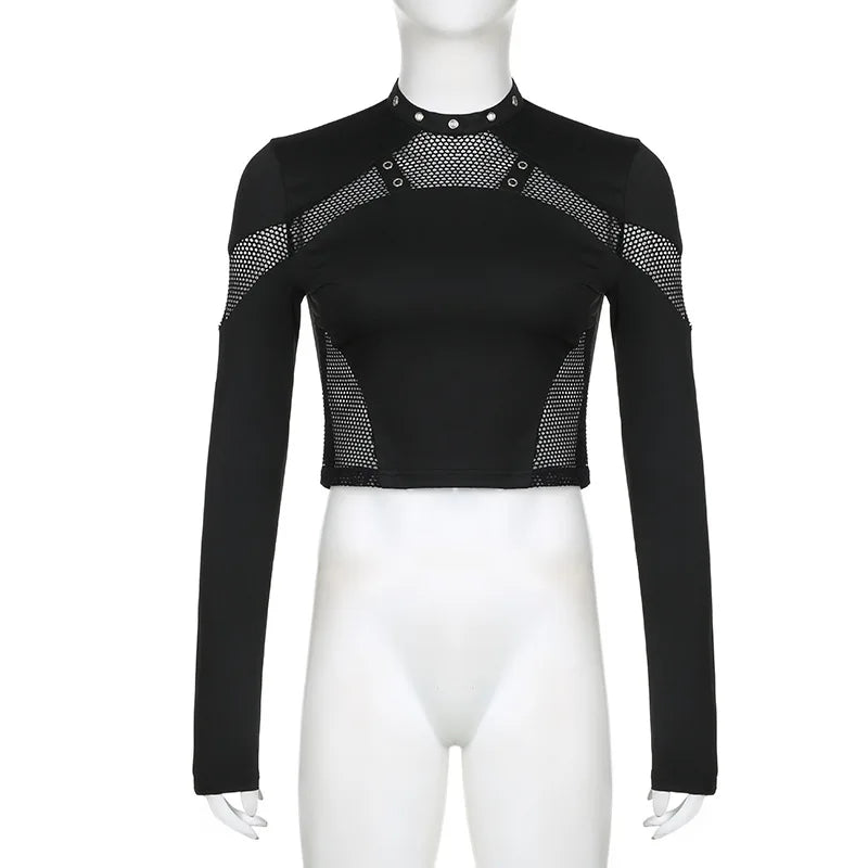 GothDark Techwear Cyber Gothic Fishnet Patches T-Shirts Punk Grunge Hollow Out Skinny Crop Tops Black Eyelet Fashion Alt Clothe