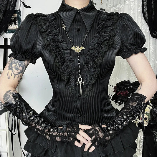 GothDark Kawaii Black Short Sleeve Buttons Shirt Lace-Up Blouses Mall Gothic Slim Lapel Collar Stripe Shirts Women Alt Techwear