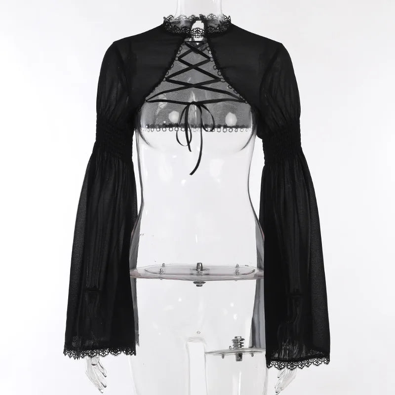 GothDark Elegant Lace up Mall Gothic Crop Shrug Tops Grunge Chiffon Flare Sleeve Blouses Female Black Emo Alternative Cover Up