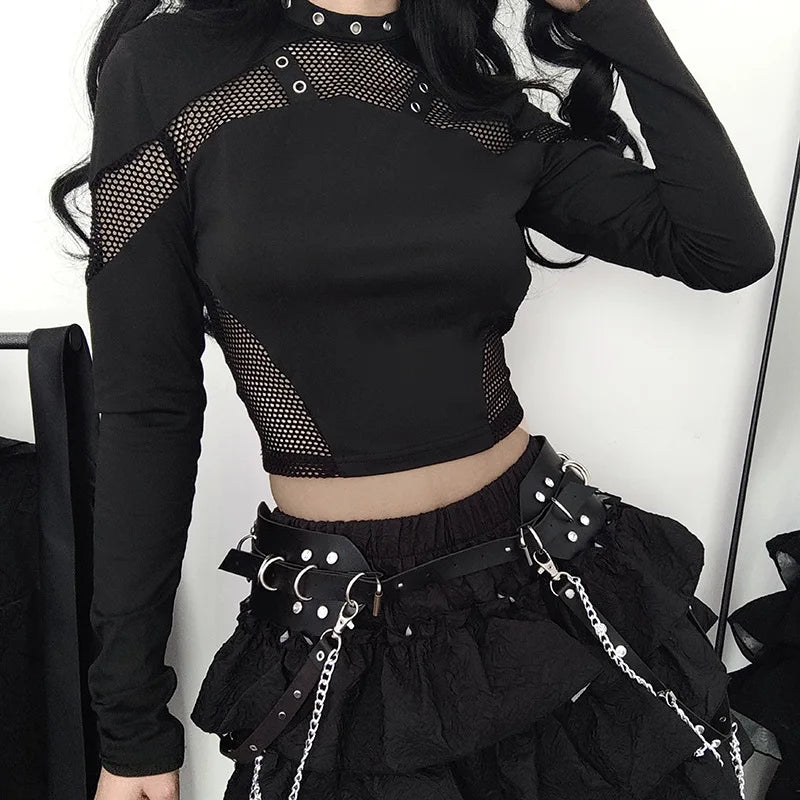 GothDark Techwear Cyber Gothic Fishnet Patches T-Shirts Punk Grunge Hollow Out Skinny Crop Tops Black Eyelet Fashion Alt Clothe