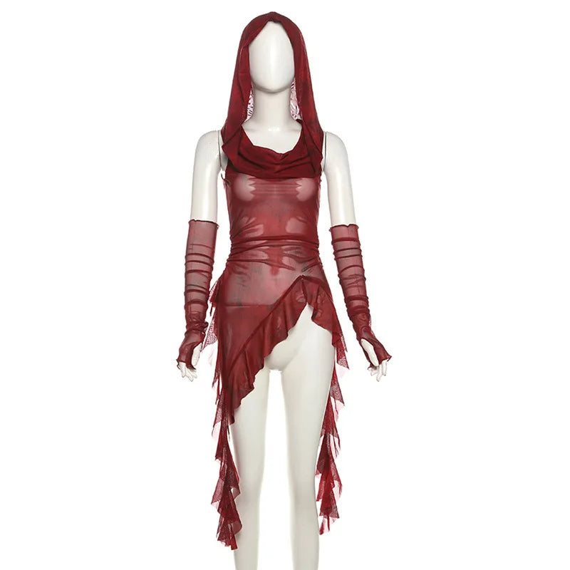 GothDark Streetwear 90S Grunge Mesh See through Hooded Tops Cyber Y2K Irregular Hem Ruffles Hoodie Women Slim Blouse with Cuffs