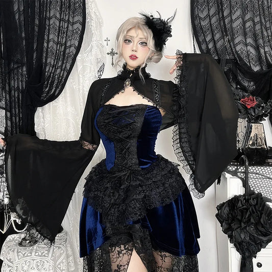 GothDark Batwing Sleeve Lace Mesh See through Crop Shrug Tops Short Cape Coats Mall Gothic Women Slim Shawl Rrash Guard Cosplay