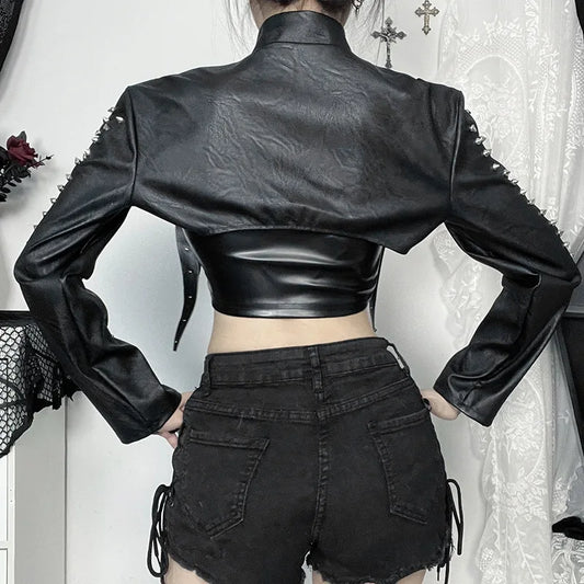 GothDark Faux Pu Leather Long Sleeve Crop Shrug Tops Grunge Women Rivet Zip Coats Chic Streetwear Jackets Mall Gothic Smock Top