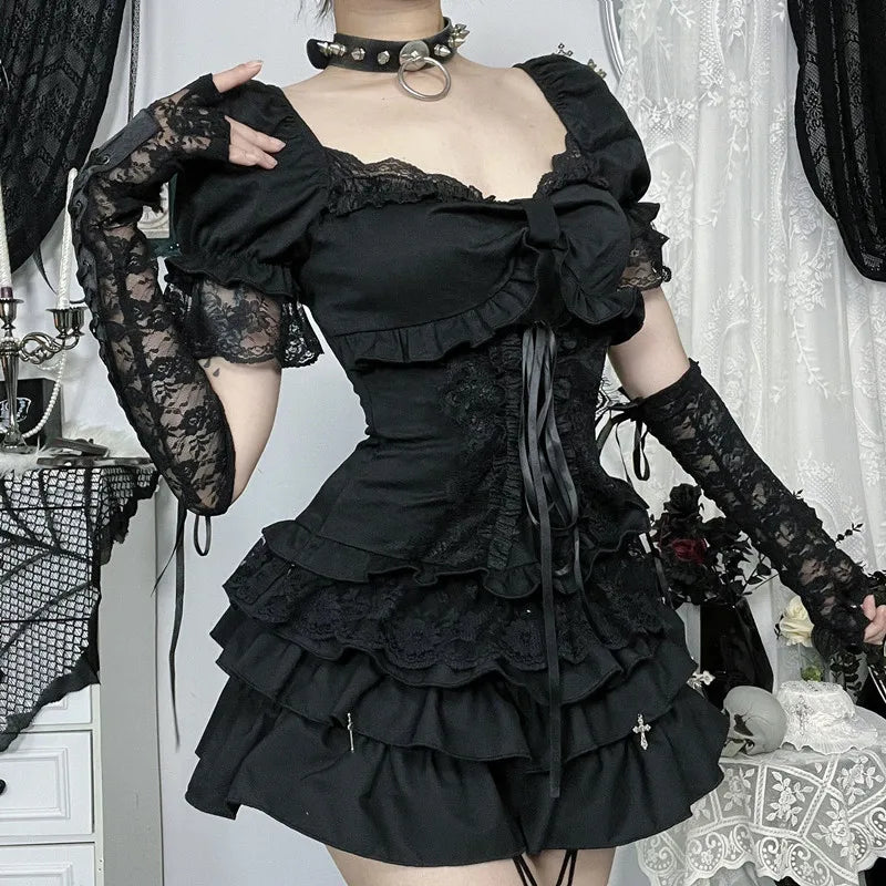 GothDark Solid E-Girl Lace Patchwork Short Sleeve T-Shirt Kawaii Bow Bandage Tops Mall Gothic Techwear Women Slim Alt T-Shirts