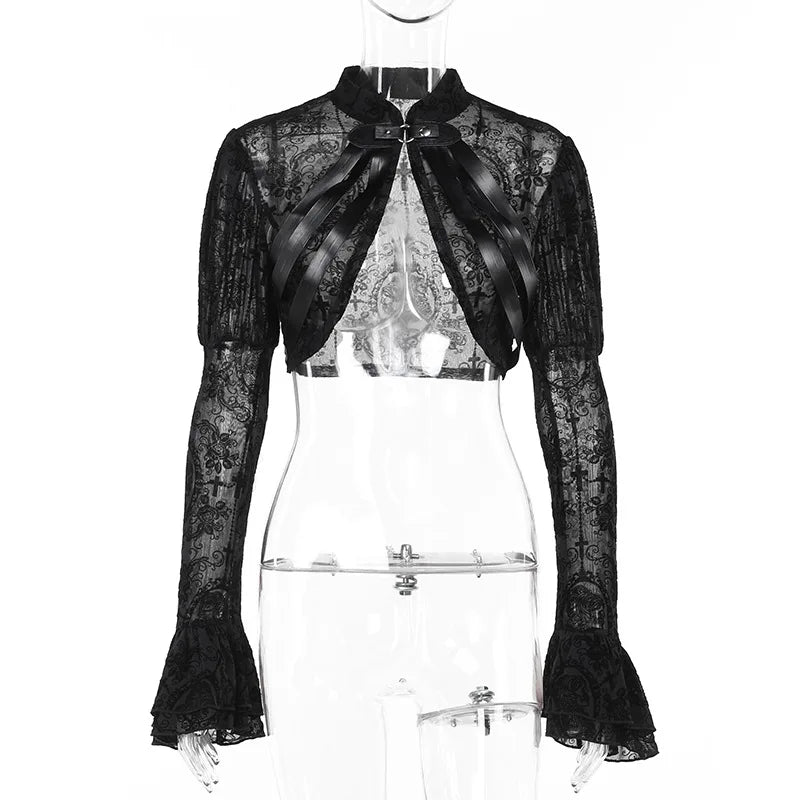 GothDark Women Elegant Flocking Crop Cardigan Coats Y2K Grunge Techwear Mall Gothic Lace See through Shrug Tops Alt Partywear