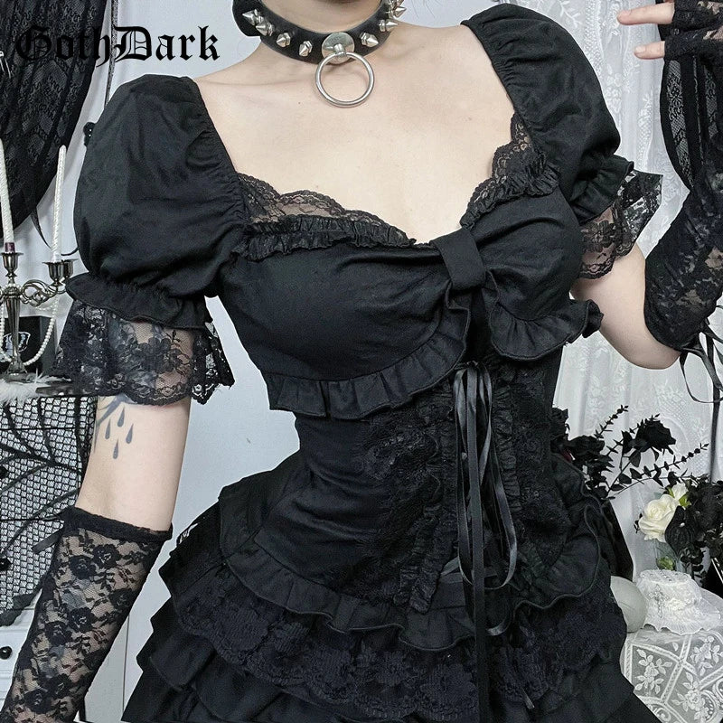 GothDark Solid E-Girl Lace Patchwork Short Sleeve T-Shirt Kawaii Bow Bandage Tops Mall Gothic Techwear Women Slim Alt T-Shirts