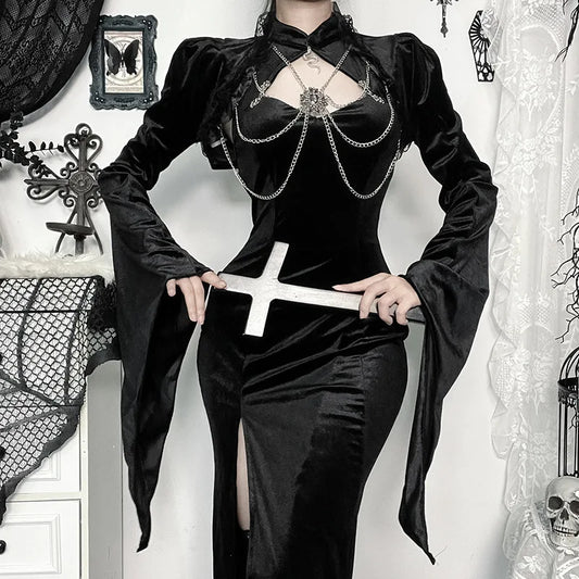 GothDark Flare Sleeve Lace up Crop Shrug Tops Elegant Velvet Chain Short Smock Coats Mall Gothic Women Slim Blouse Streetwear