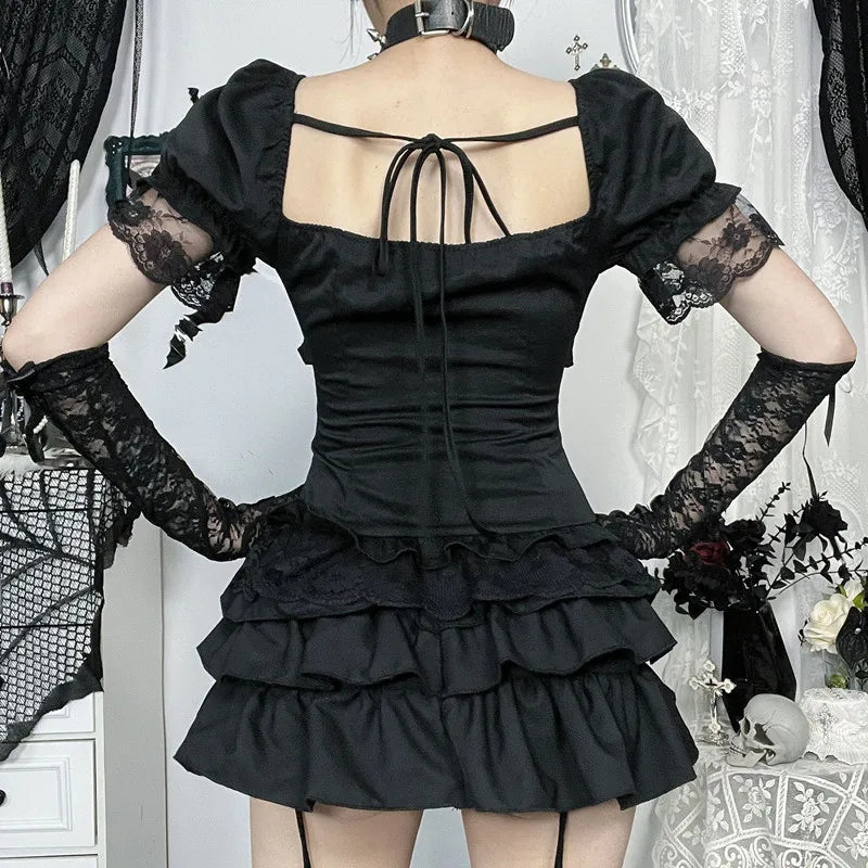 GothDark Solid E-Girl Lace Patchwork Short Sleeve T-Shirt Kawaii Bow Bandage Tops Mall Gothic Techwear Women Slim Alt T-Shirts