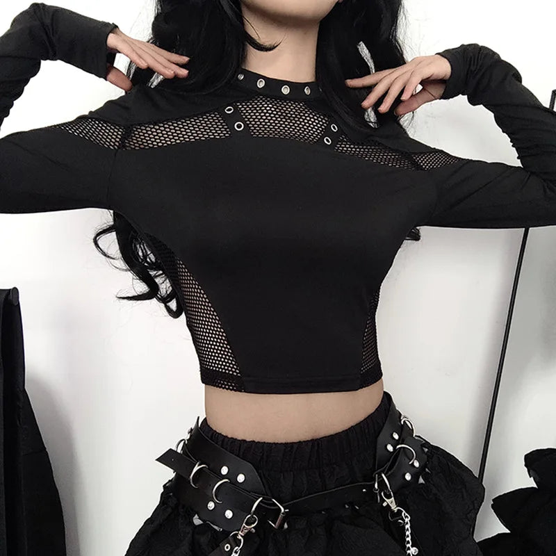 GothDark Techwear Cyber Gothic Fishnet Patches T-Shirts Punk Grunge Hollow Out Skinny Crop Tops Black Eyelet Fashion Alt Clothe