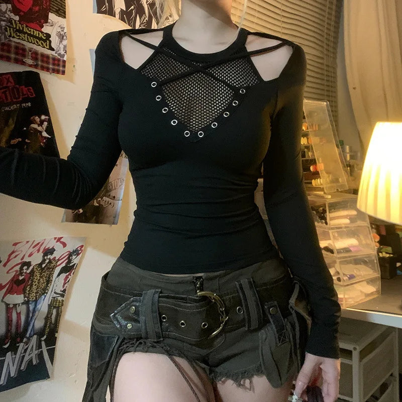 GothDark Solid Techwear Chic Irregular Grid Hollow Out T-Shirt Mall Goth See through Slim Tops Women Y2K Streetwear T-Shirts