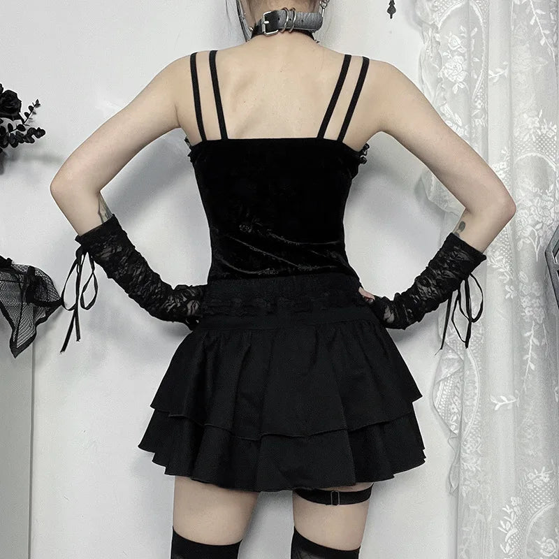 GothDark Mall Goth Spaghetti Strap Tank Top Women Cyber Y2K Fashion Lace Patchwork Jacquard Camis Sexy Bandage Crop Tops Zip