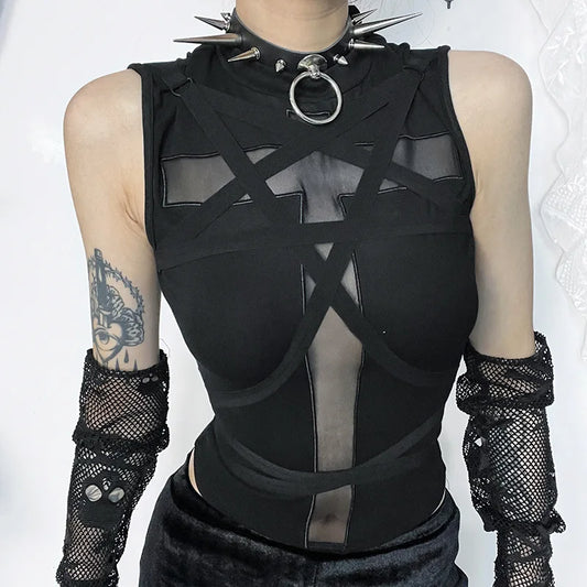 GothDark Fairy Grunge Mesh Cross Sheer Sleeveless Crop Tops Gothic Chic Bandage Tank Top Mall Basic Women Vest Alt Streetwear