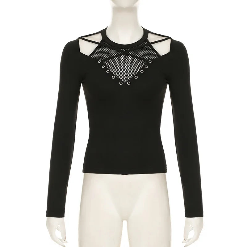 GothDark Solid Techwear Chic Irregular Grid Hollow Out T-Shirt Mall Goth See through Slim Tops Women Y2K Streetwear T-Shirts