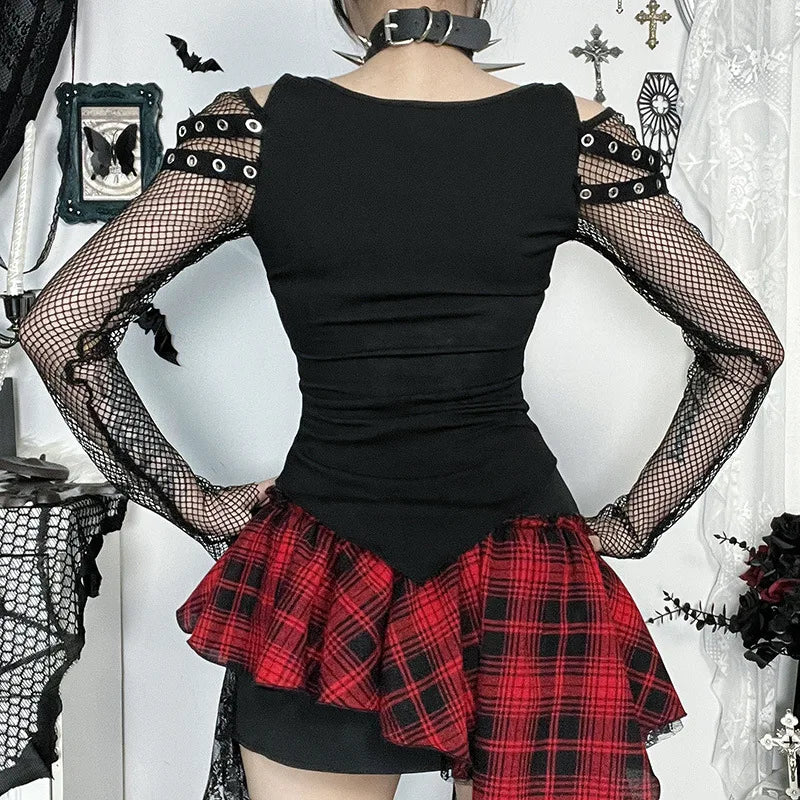 GothDark Mall Gothic Fishnet Stitch Long Sleeve T-Shirt Women Alt Techwear Punk Grunge Corn Print T-Shirts Chic Streetwear Tops