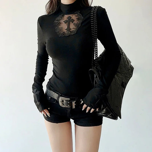 GothDark Elegant Fashion Mesh Patchwork Cross T-Shirts Mall Goth Slim Turtleneck Pullovers Tops Women 90S E-Girl Sheer T-Shirt