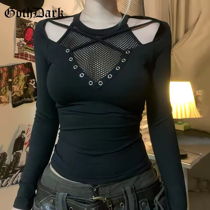 GothDark Solid Techwear Chic Irregular Grid Hollow Out T-Shirt Mall Goth See through Slim Tops Women Y2K Streetwear T-Shirts