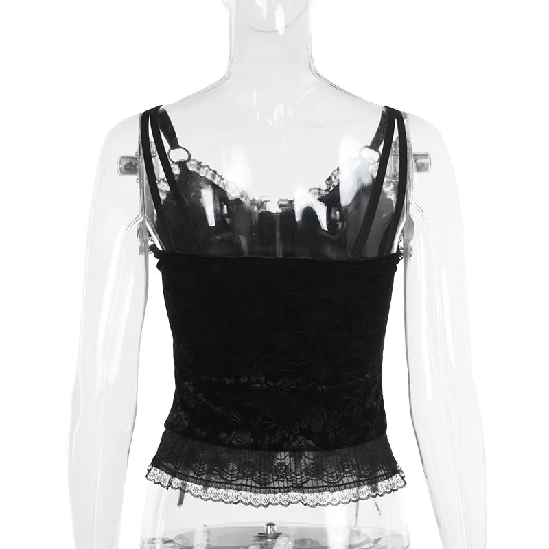 GothDark Mall Goth Spaghetti Strap Tank Top Women Cyber Y2K Fashion Lace Patchwork Jacquard Camis Sexy Bandage Crop Tops Zip