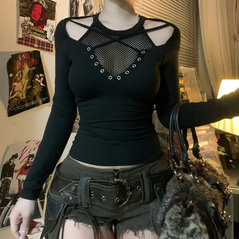 GothDark Solid Techwear Chic Irregular Grid Hollow Out T-Shirt Mall Goth See through Slim Tops Women Y2K Streetwear T-Shirts