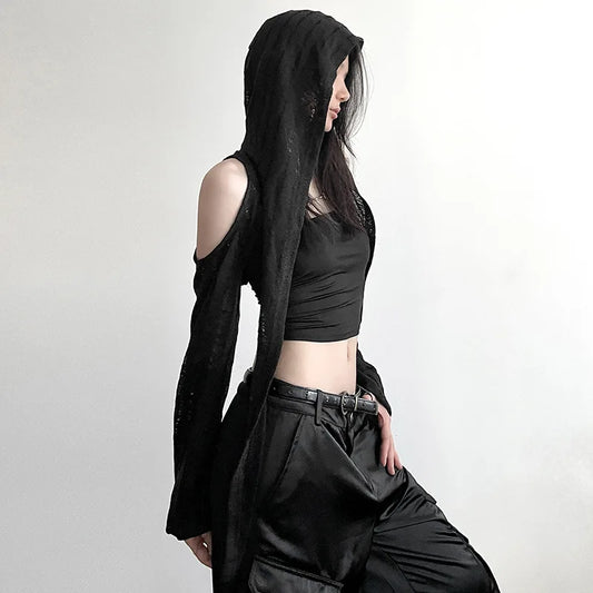 GothDark Open Shoulder Techwear Y2K Crop Cardigans Mall Gothic Hooded Sexy Women Crop Tops Punk Grunge Buckle Streetwear Shirts