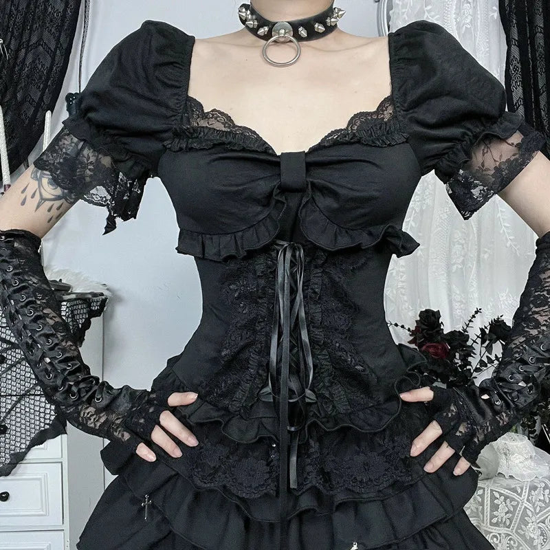 GothDark Solid E-Girl Lace Patchwork Short Sleeve T-Shirt Kawaii Bow Bandage Tops Mall Gothic Techwear Women Slim Alt T-Shirts