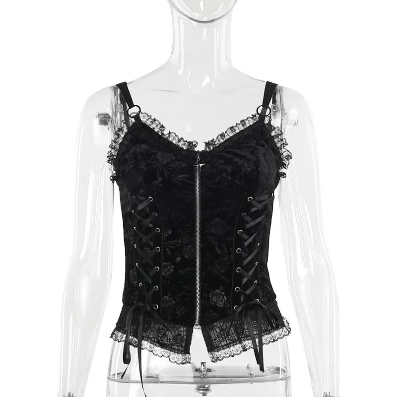 GothDark Mall Goth Spaghetti Strap Tank Top Women Cyber Y2K Fashion Lace Patchwork Jacquard Camis Sexy Bandage Crop Tops Zip