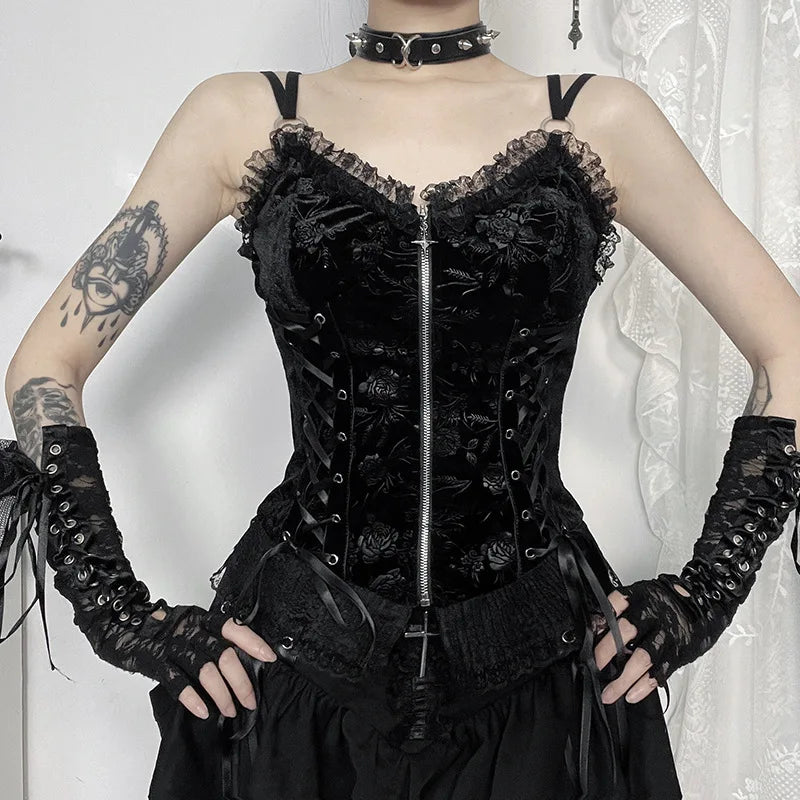 GothDark Mall Goth Spaghetti Strap Tank Top Women Cyber Y2K Fashion Lace Patchwork Jacquard Camis Sexy Bandage Crop Tops Zip