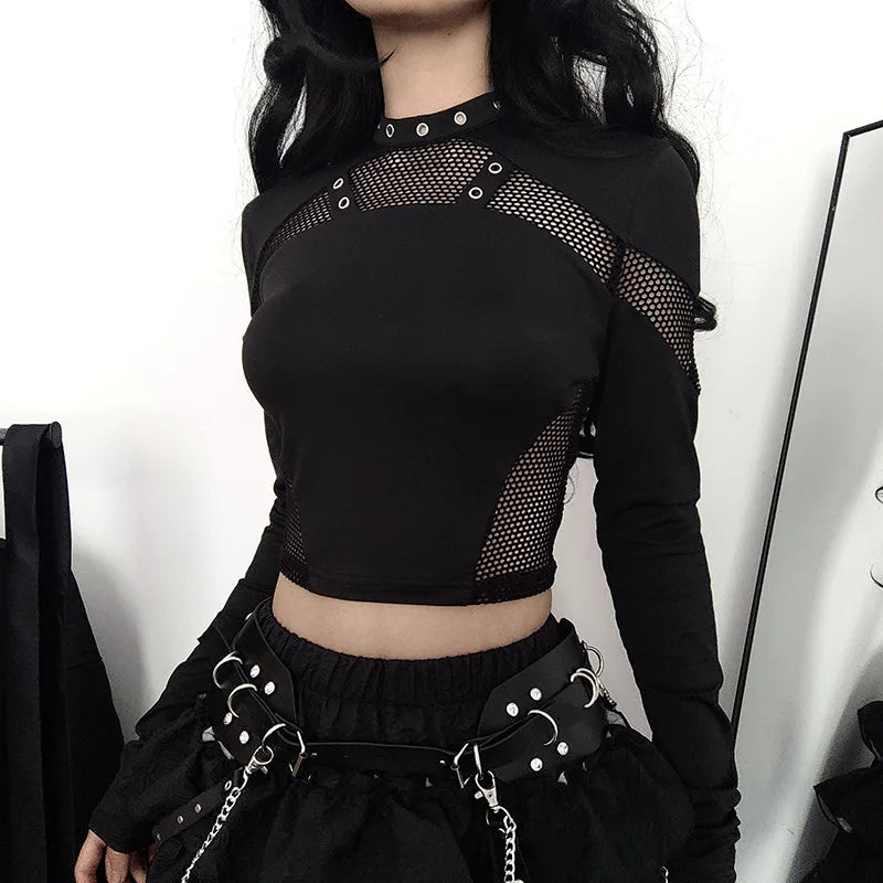 GothDark Techwear Cyber Gothic Fishnet Patches T-Shirts Punk Grunge Hollow Out Skinny Crop Tops Black Eyelet Fashion Alt Clothe