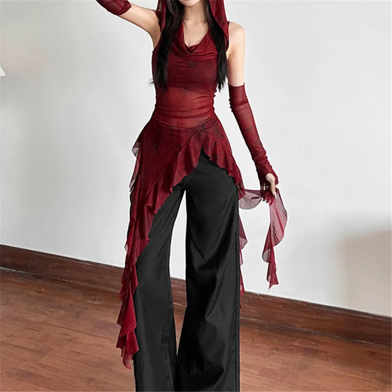 GothDark Streetwear 90S Grunge Mesh See through Hooded Tops Cyber Y2K Irregular Hem Ruffles Hoodie Women Slim Blouse with Cuffs