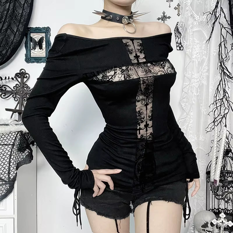 GothDark Sexy Lace Patchwork Cross Long Sleeve Pullover T-Shirts Cyber Y2K Women Streetwear Mall Gothic Slim Tops Alt T-Shirt