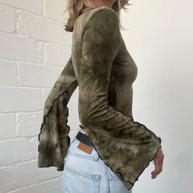GothDark Vintage Tie Dye Print V-Neck Crop Tops Acubi Fashion Flare Sleeve T-Shirts Autumn Gothic Pullovers Tees Women Techwear